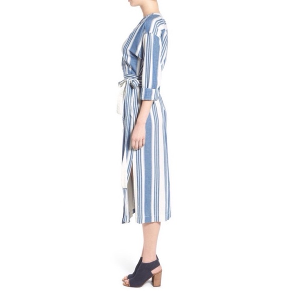 Madewell Cotton Linen Blend Linn Stripe Wrap Midi Dress - Picture 6 of 12